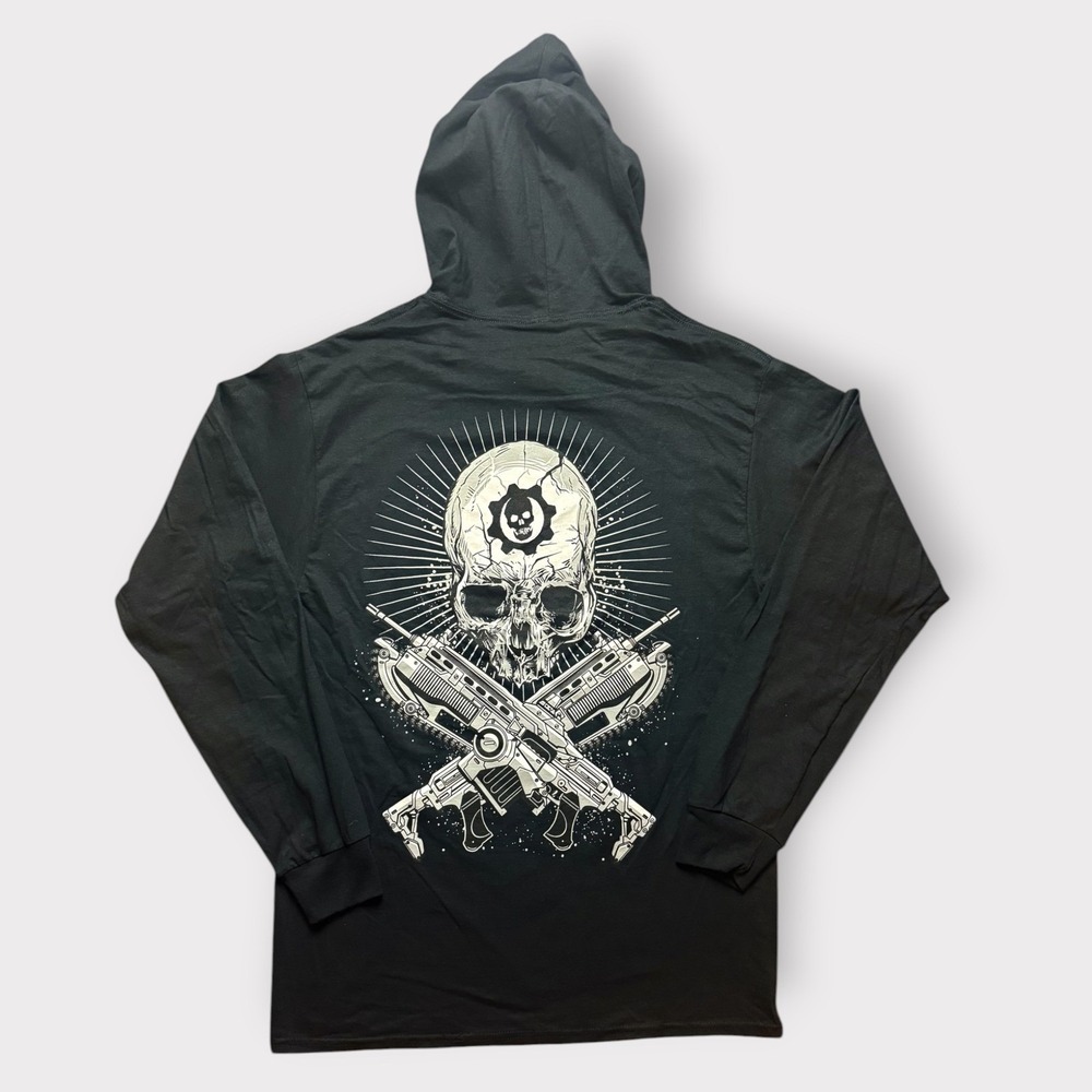 Gears of War Mens Black Hooded Long Sleeve Shirt Skull Lancer Graphic Medium
